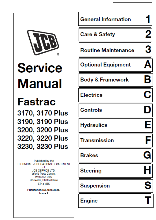 3170,3190,3200,3220,3230 Plus Jcb FASTRAC Servicio Taller Manual De Reparación 