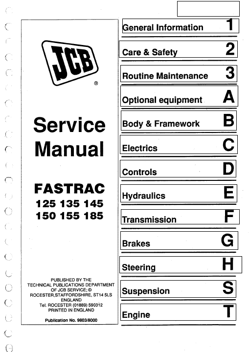 JCB 125, 135, 145, 150, 155, 185 Fastrac Service Manual