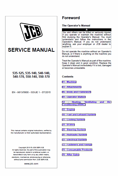Jcb 535-125, 535-140, 540-140, 540-170, 550-140, 550-170 Loadall Service Manual
