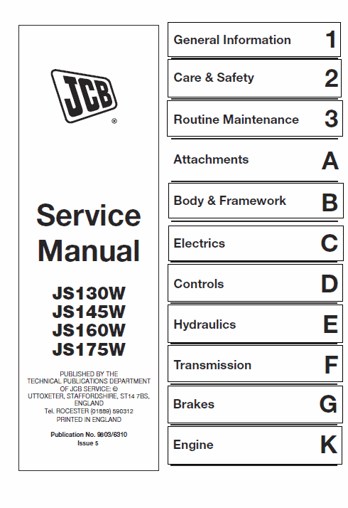 Jcb Js130w, Js145w, Js160w, Js175w Excavator Service Manual