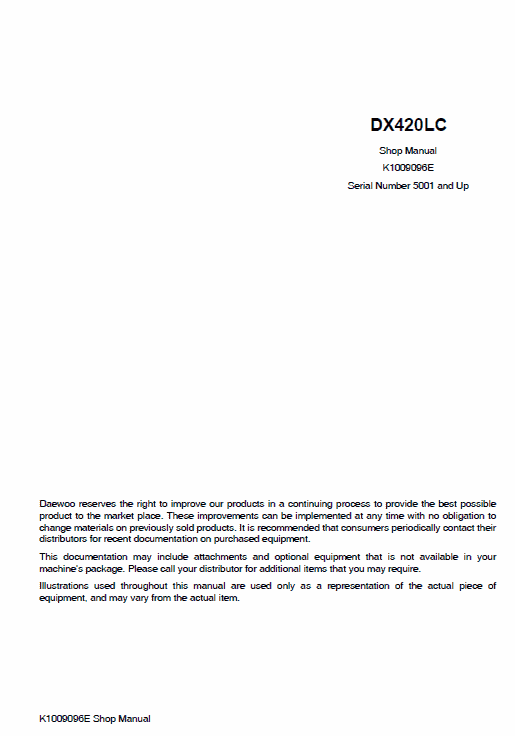 Doosan Daewoo Dx420lc Excavator Service Manual