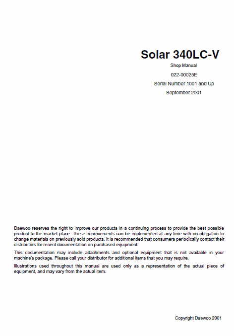 Doosan Daewoo Solar S340lc-v Excavator Service Manual