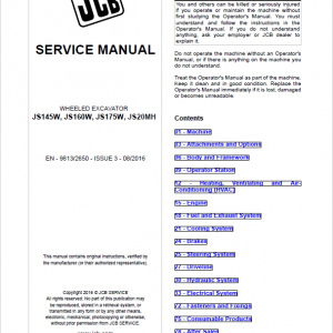 JCB JS145W, JS160W, JS175W, JS20MH Tier 4 Wheeled Excavator Service Manual