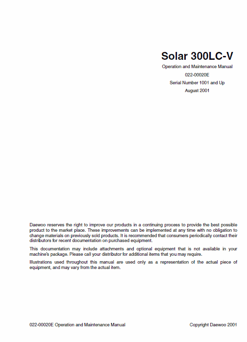 Doosan Daewoo Solar S300lc-v Excavator Service Manual