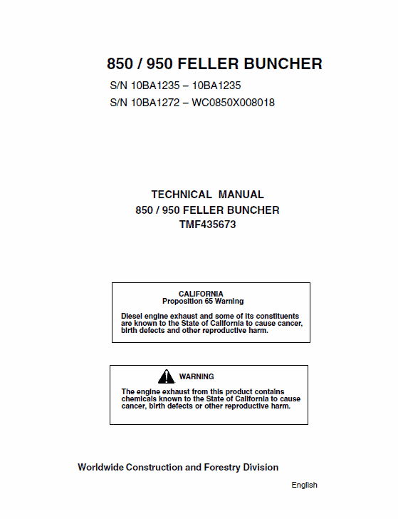 John Deere 850, 950 Feller Buncher Service Manual
