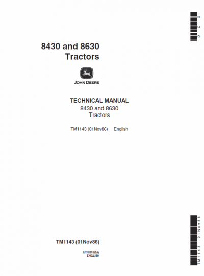 John Deere 8430, 8630 Tractor Repair Technical Manual (TM1143)