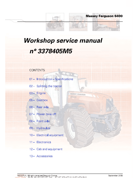 Massey Ferguson 6485, 6490, 6495, 6497, 6499 Tractor Service Manual