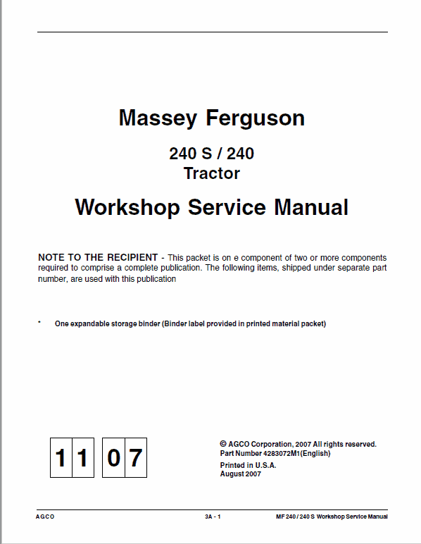 Massey Ferguson Mf 240, 240s Tractor Service Manual