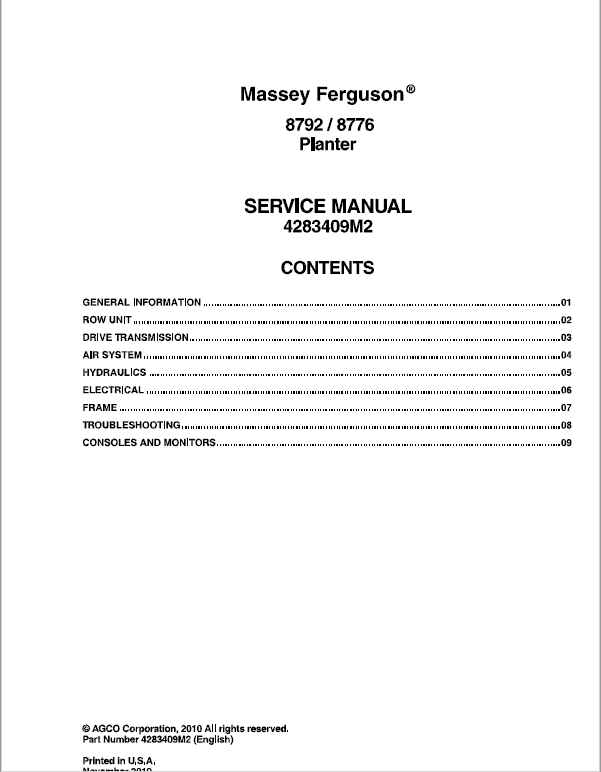 Massey Ferguson 8792, 8776 Planter Service Manual