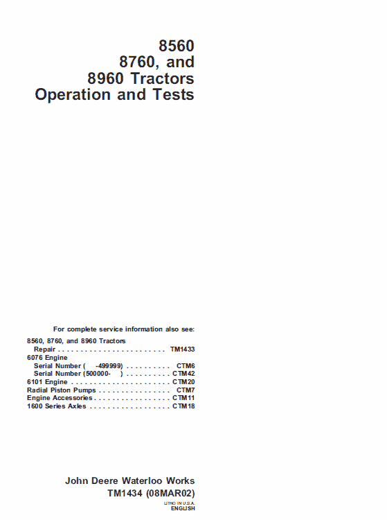John Deere 8560, 8760, 8960 Tractor Service Manual Tm-1433