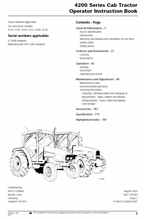 Massey Ferguson "4200 Series" Tractor Instruction Manual Book 
