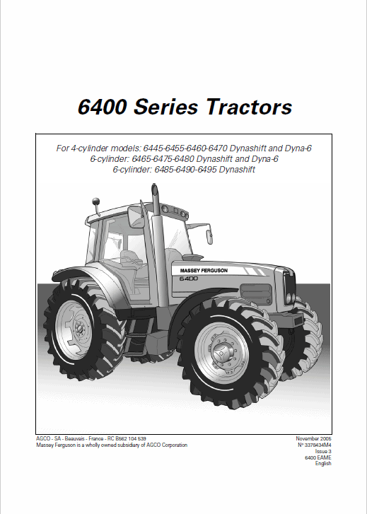 Massey Ferguson 6485, 6490, 6495, 6497, 6499 Tractor Service Manual