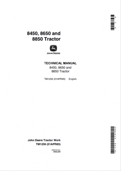 John Deere 8850 Tractor Technical Manual (TM1254 and TM1256)