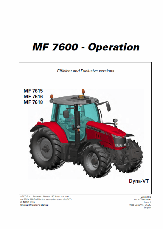Massey Ferguson 7614, 7415, 7416, 7418 Tractor Operation And Maintenance Manual