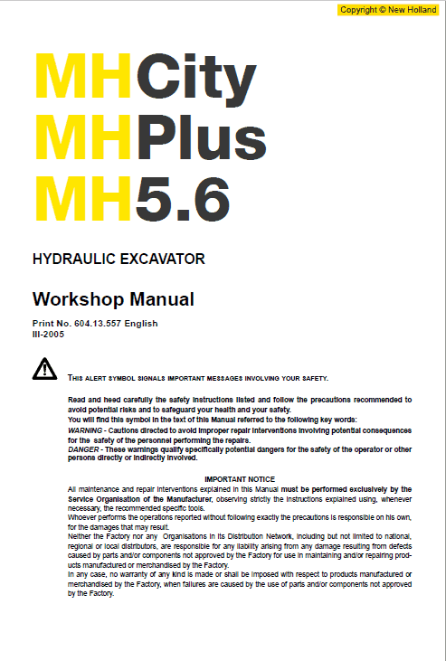 New Holland Mh5.6, Mh City And Mh Plus Excavator Manual