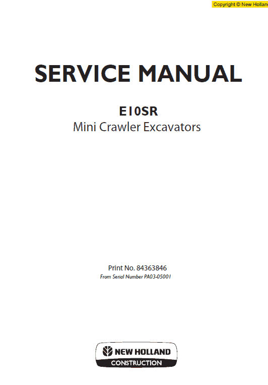 New Holland E10sr Mini Excavator Service Manual
