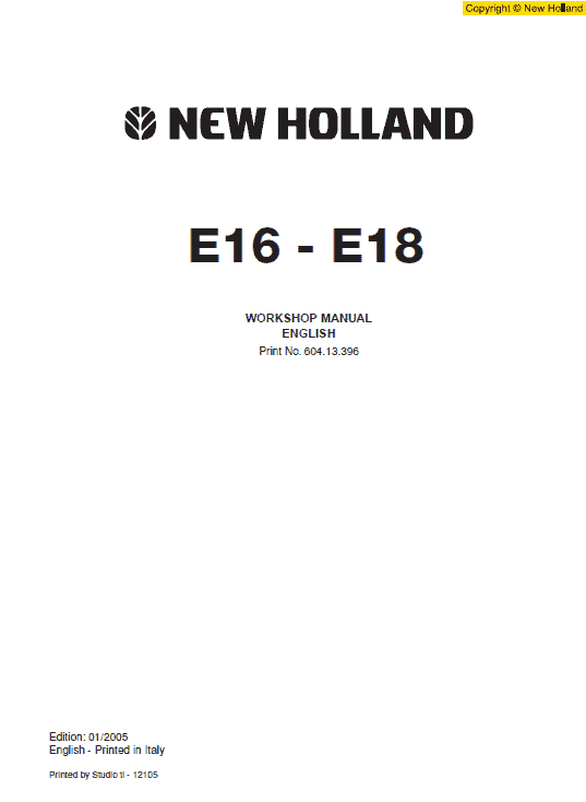 New Holland E16 And E18 Mini Excavator Service Manual