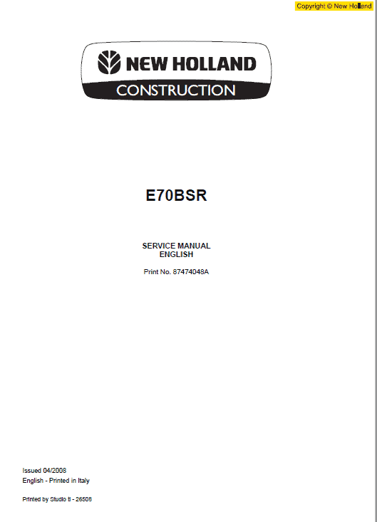 New Holland E70bsr Midi Excavator Service Manual