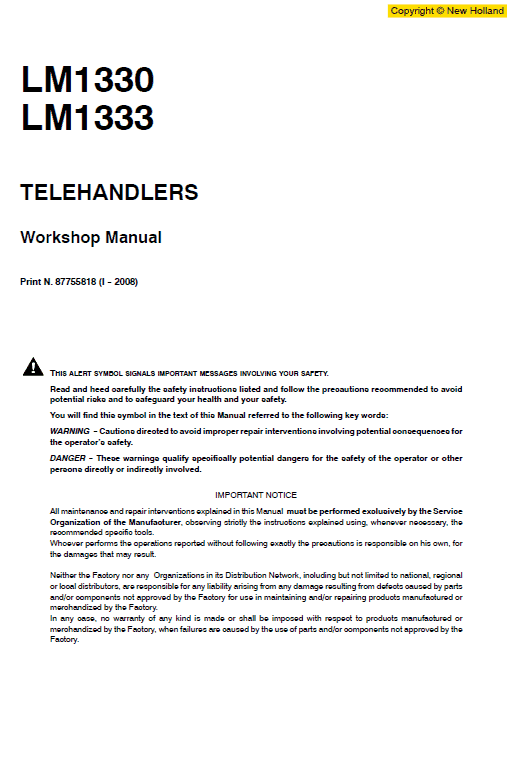 New Holland Lm1330 And Lm1333 Telehandlers Service Manual