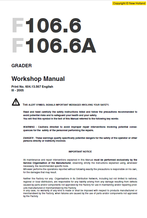 New Holland F106.6 And F106.6a Grader Service Manual