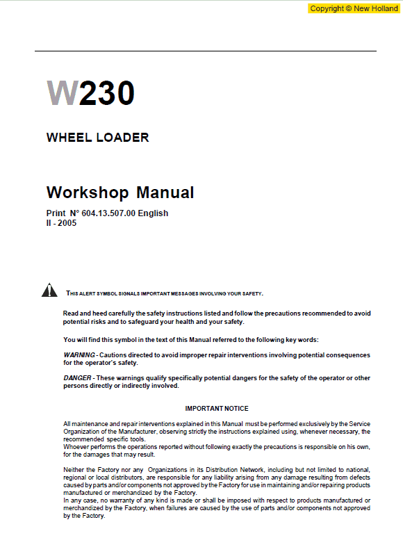 New Holland W230 Wheeled Loader Service Manual