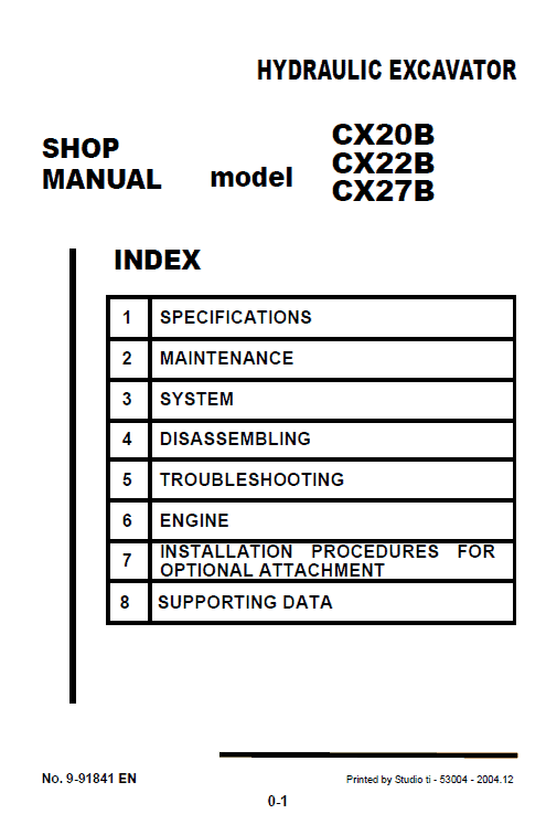 Case CX20B, CX22B Excavator Service Manual