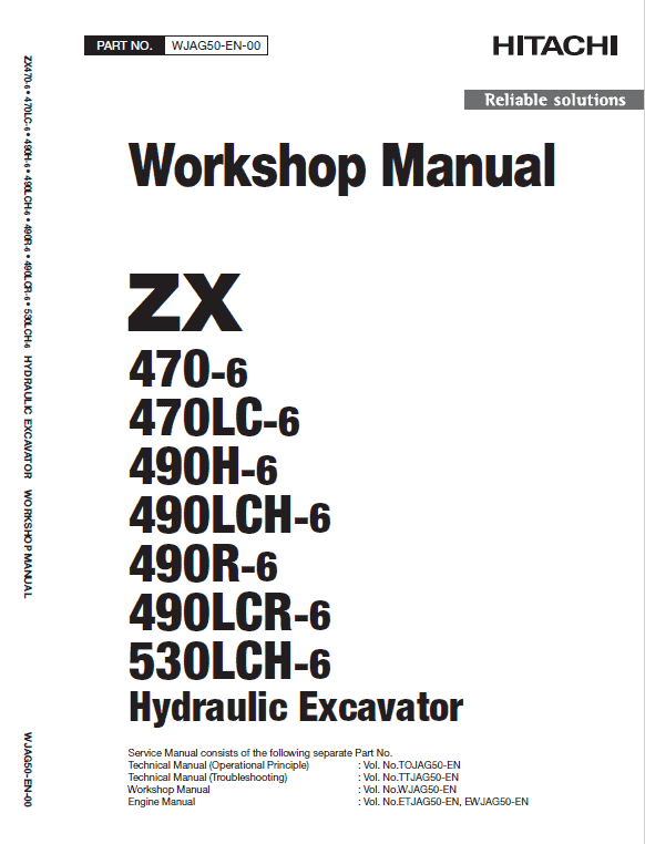 Hitachi ZX470-6, ZX490LCH-6 and ZX530LCH-6 Excavator Manual