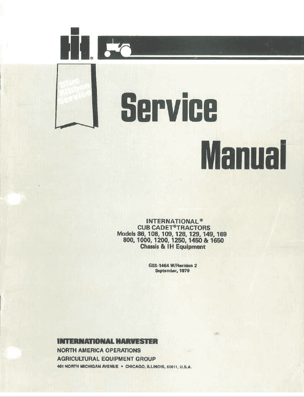 Cub Cadet 86, 108, 109, 128, 129, 149, 169 Tractor Service Manual