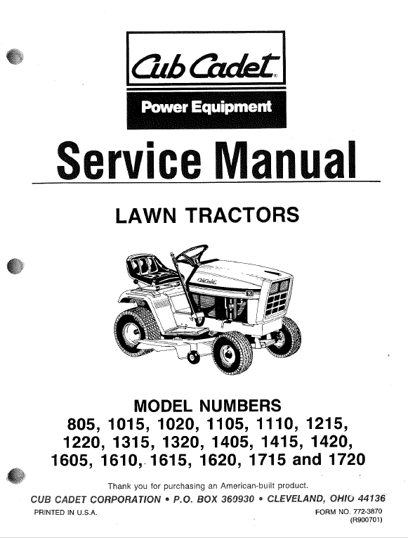 Cub Cadet 805, 1015, 1020, 1105, 1110, 1215 Tractor Service Manual