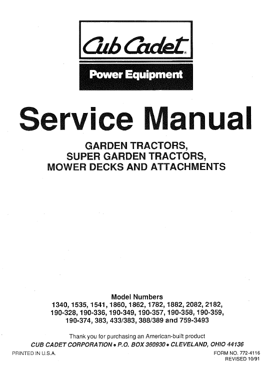 Cub Cadet 1340, 1535, 1541 And 1782 Service Manual