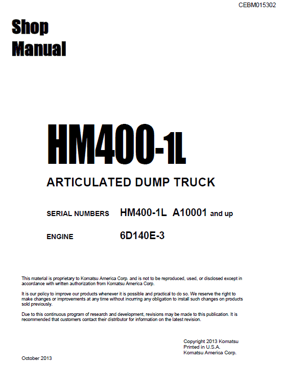 Komatsu Hm400-1l Dump Truck Service Manual
