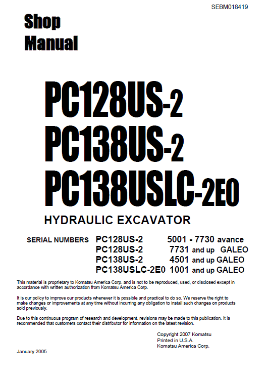 Komatsu Pc128us-2, Pc138us-2 And Pcn138uslc-2e0 Excavator Manual