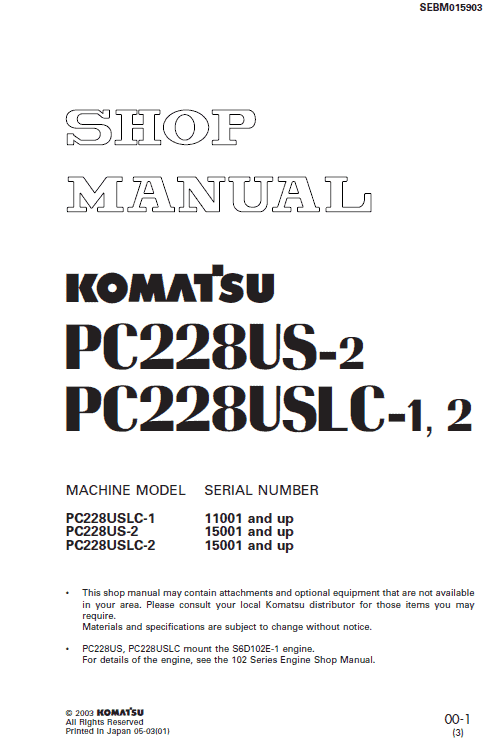 Komatsu Pc228us-2, Pc228uslc-1 And Pc228uslc-2 Excavator Manual