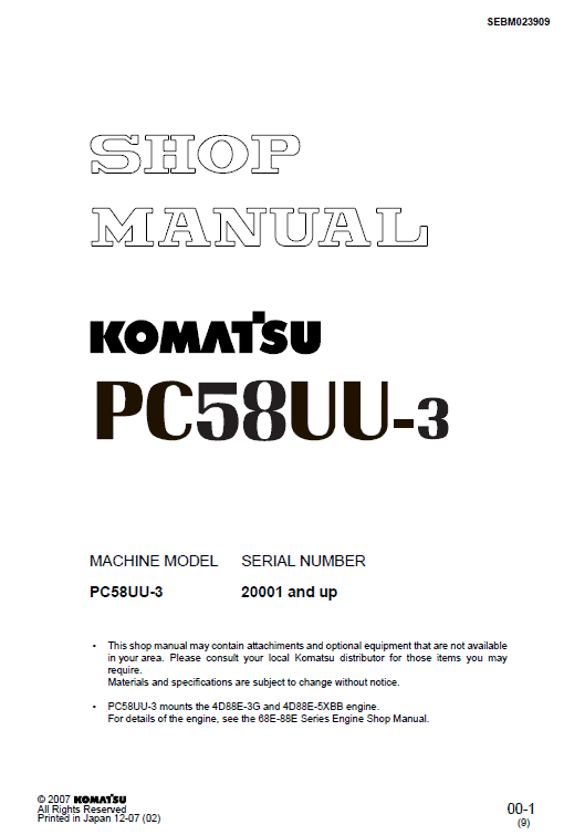 Komatsu Pc58uu-3 Excavator Service Manual