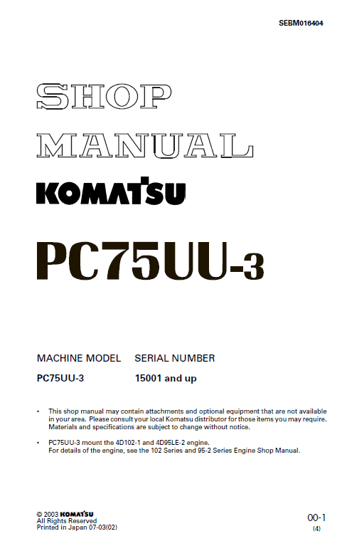 Komatsu Pc75uu-3 Excavator Service Manual