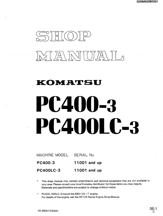 Komatsu Pc400-3, Pc400lc-3 Excavator Service Manual