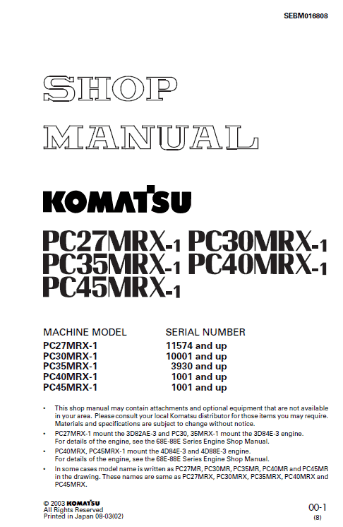 Komatsu Pc27mrx-1, Pc30mrx-1, Pc35mrx-1 Excavator Manual