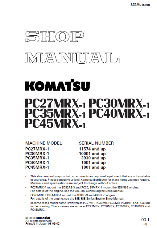 Komatsu Pc40mrx-1, Pc45mrx-1 Excavator Service Manual