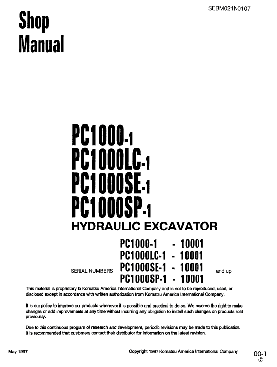 Komatsu Pc1000-1, Pc1000lc-1, Pc1000se-1, Pc1000sp-1 Excavator Manual