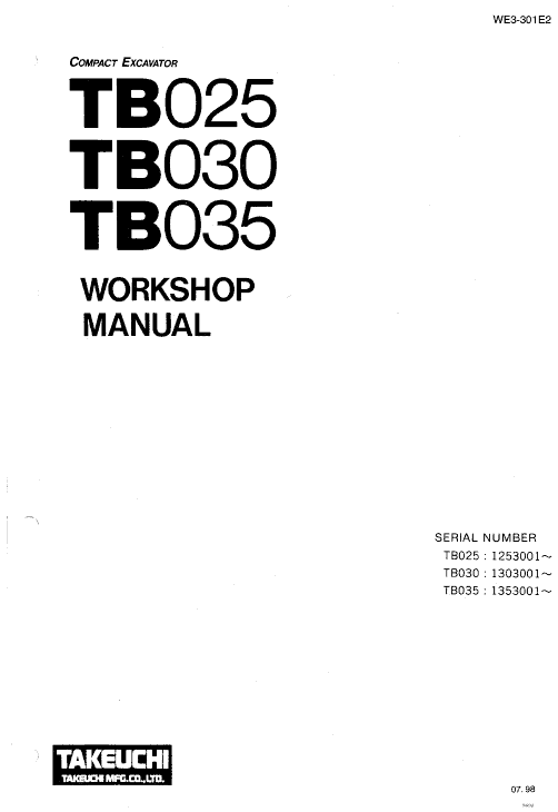 Takeuchi Tb025, Tb030 And Tb035 Excavator Service Manual