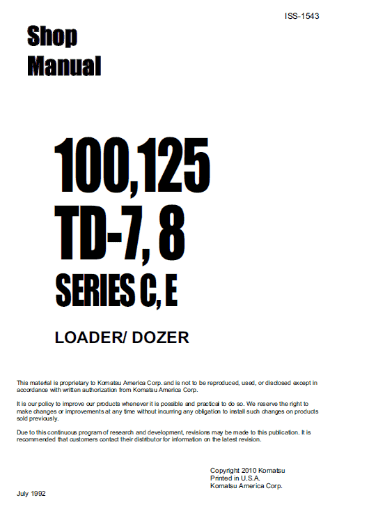 Komatsu Dresser Td7c, Td7e, Td8c And Td8e Dozer Service Manual