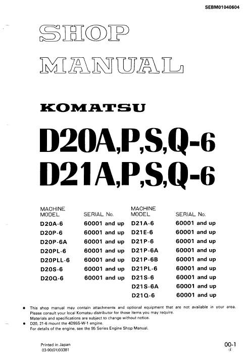 Komatsu D21a-6, D21p-6, D21p-6a, D21p-6b Dozer Service Manual