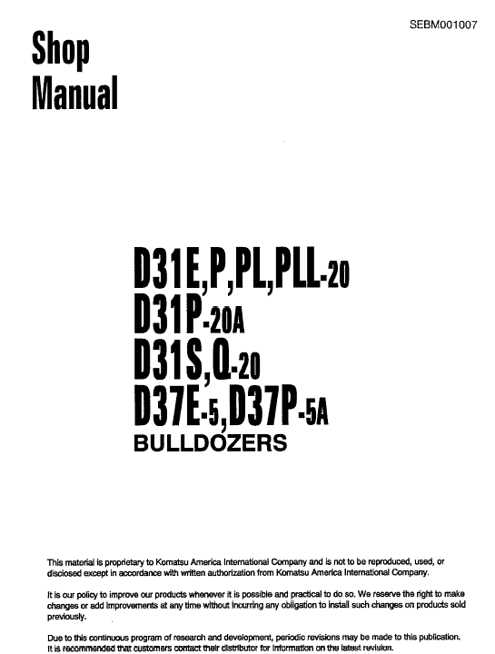 Komatsu D31p-20a, D31s-20, D31q-20, D37e-5, D37p-5a Dozer Manual
