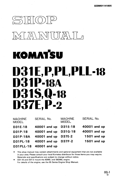 Komatsu D31e-18, D31p-18, D31pl-18, D31pll-18 Dozer Manual