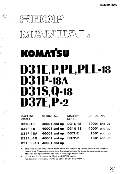 Komatsu D31p-18a, D31s-18, D31q-18, D37e-2, D37p-2 Dozer Manual