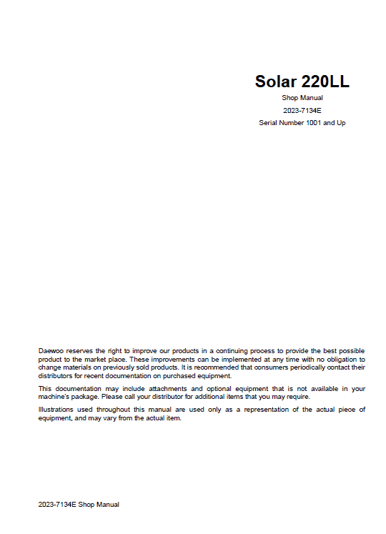 Daewoo Solar S220ll Excavator Service Manual