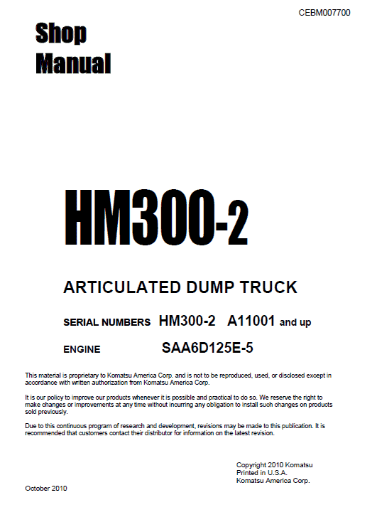 Komatsu Hm300-2 Dump Truck Service Manual