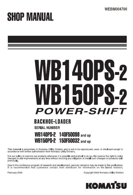 Komatsu Wb140ps-2 And Wb150ps-2 Backhoe Loader Service Manual