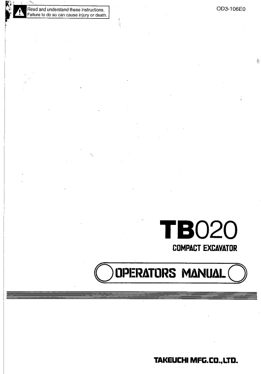 Takeuchi Tb020 Compact Excavator Service Manual