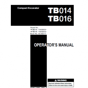 Takeuchi Tb014 And Tb016 Compact Excavator Service Manual